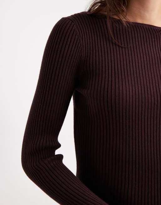 Miss Selfridge - Top en maille côtelée à manches longues et encolure bateau - Chocolat, 2 de 4