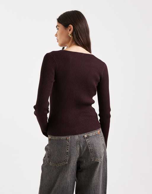Miss Selfridge - Top en maille côtelée à manches longues et encolure bateau - Chocolat, 3 de 4