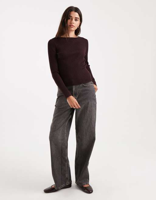 Miss Selfridge - Top en maille côtelée à manches longues et encolure bateau - Chocolat, 4 de 4