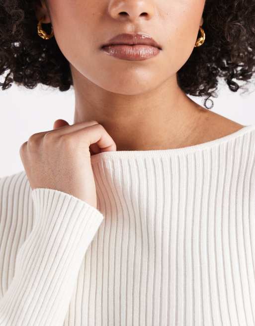 Miss Selfridge - Top en maille côtelée à manches longues et encolure bateau - Crème, 2 de 4