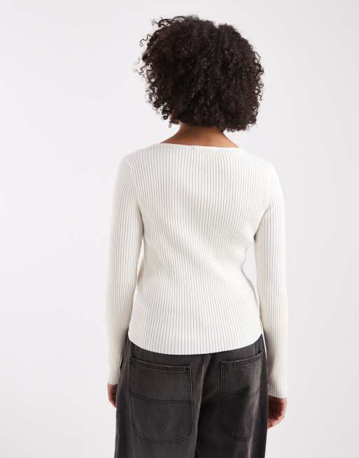 Miss Selfridge - Top en maille côtelée à manches longues et encolure bateau - Crème, 4 de 4