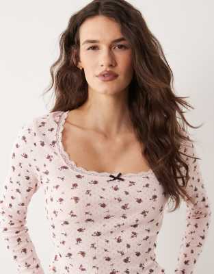 Top en maille pointelle à petites fleurs avec encolure carrée-Multicolore 36