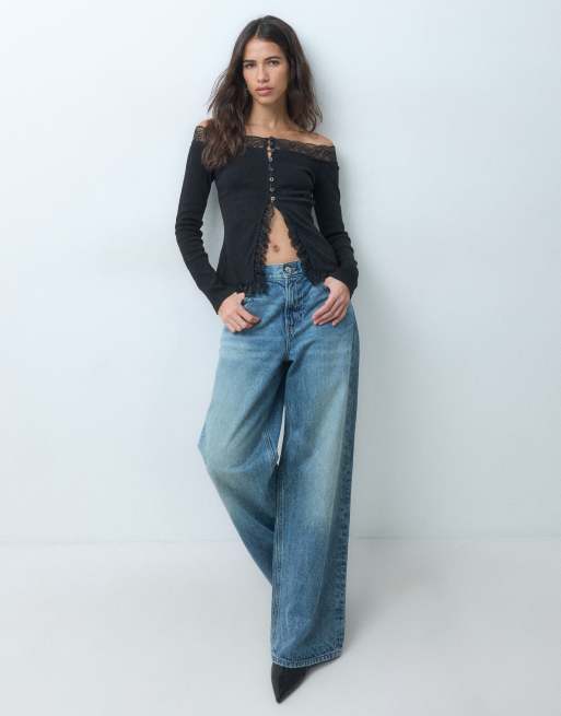 Miss Selfridge top épaules nues boutonné sur le devant avec bordure en dentelle noir, 2 de 5