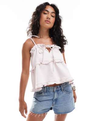 Miss Selfridge - Top fluide à volants en denim - Rose clair délavé-Blanc
