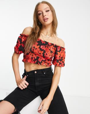 Miss Selfridge - Top froncé à encolure Bardot - Rouge multicolore 