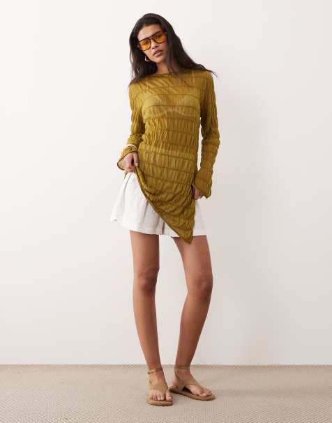 Miss Selfridge - Top froncé asymétrique en maille transparente - Olive - view 1