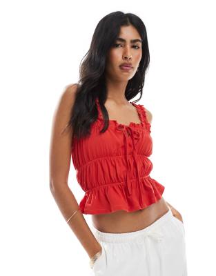 Miss Selfridge - Top froncée avec liens noués sur le devant - Rouge - view 1