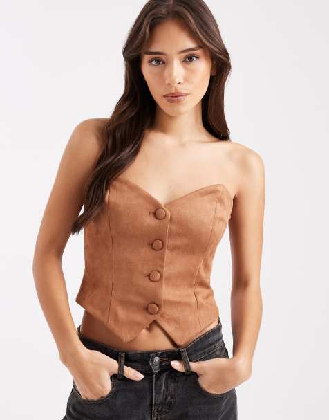Miss Selfridge – Top gorsetowy z dekoltem bandeau z imitacji zamszu - view 1
