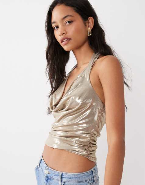 Miss Selfridge - top halter de acabado brillante en dorado - view 1