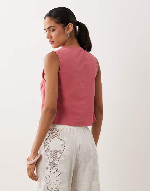 Miss Selfridge - Top in misto lino color lampone allacciato sul davanti, 4 di 4