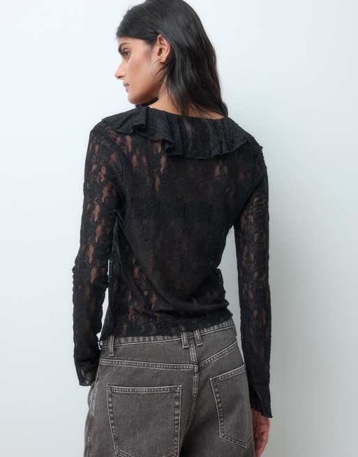 Miss Selfridge top in pizzo a maniche lunghe con volant nero, 5 di 5