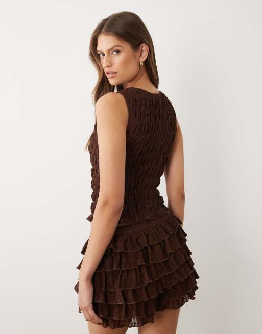 Miss Selfridge - Top in pizzo arricciato color cioccolato, 4 di 4