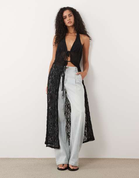 Miss Selfridge - Top lungo da festival allacciato al collo nero con laccetti e spacco sul davanti - view 1