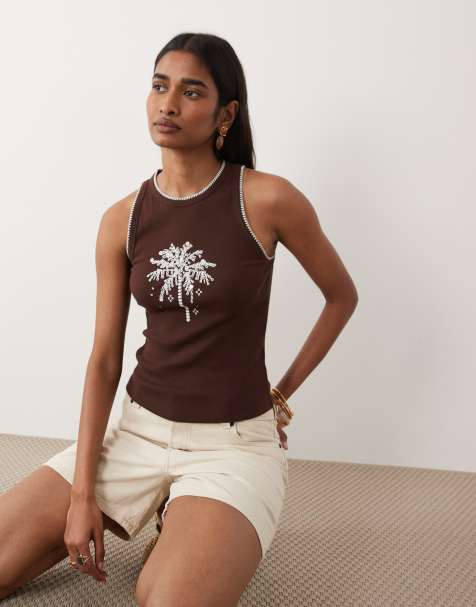 Miss Selfridge - Top marrón chocolate sin mangas con palmera bordada - view 1