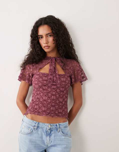 Miss Selfridge top med bindebånd i halsen og blonder med flæseærmer i mauve - view 1