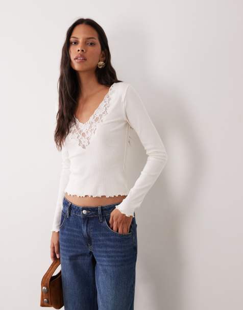 Miss Selfridge top med blondeindsats og lange ærmer i cream - view 1