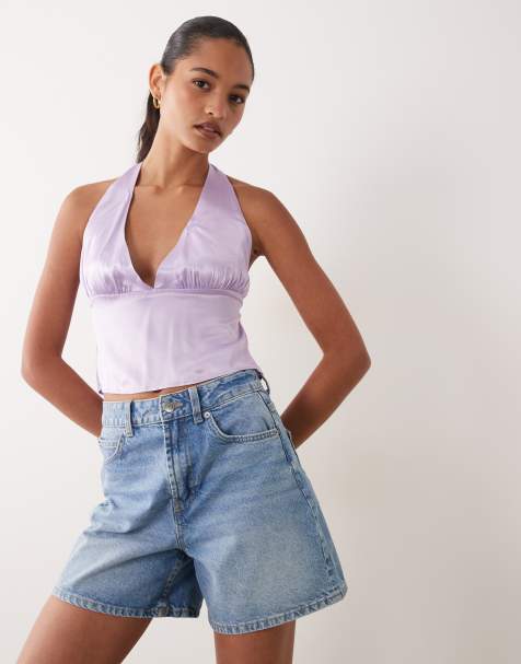 Miss Selfridge top med dyb udskæring i satin og halterneck i lilla - view 1