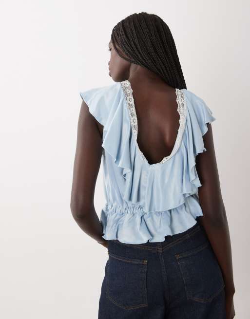 Miss Selfridge top med flæser og blonder i blå, 4 af 4