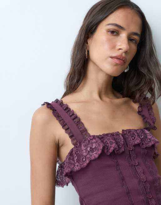 Miss Selfridge top met doorknoopsluiting, getailleerd corset en kant in fig, 2 van 5