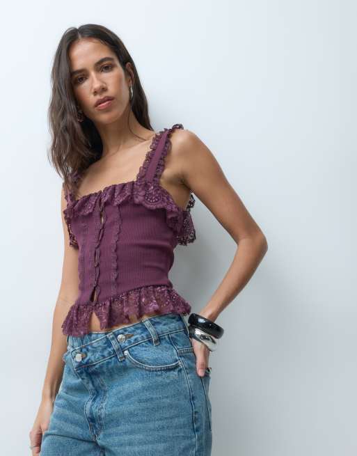 Miss Selfridge top met doorknoopsluiting, getailleerd corset en kant in fig, 4 van 5