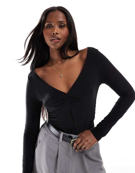 Miss Selfridge - Top met gerimpelde V-hals en lange mouwen in zwart - view 1