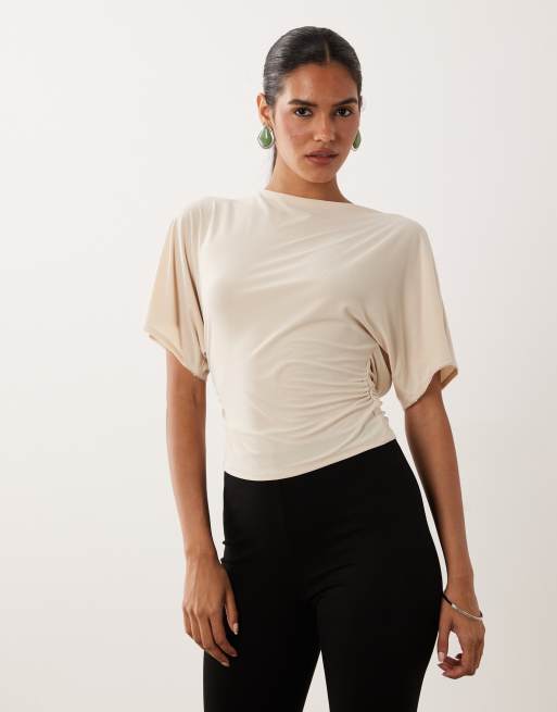 Miss Selfridge top met getailleerde taille en gedrapeerde rug in stone, 4 van 4