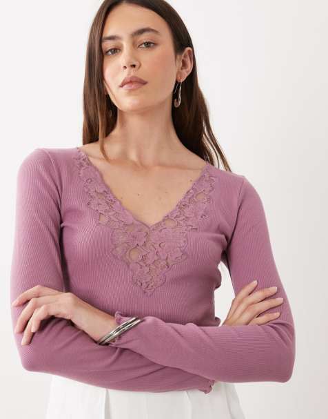 Miss Selfridge top met kanten inzet en lange mouwen in mauve - view 1