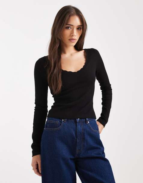 Miss Selfridge - Top met lange mouwen en geschulpte rand in zwart - view 1