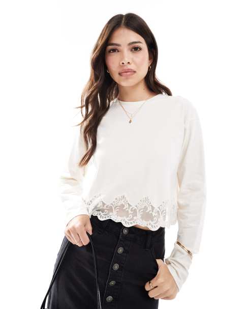 Miss Selfridge - Top met lange mouwen en kanten rand in crème - view 1