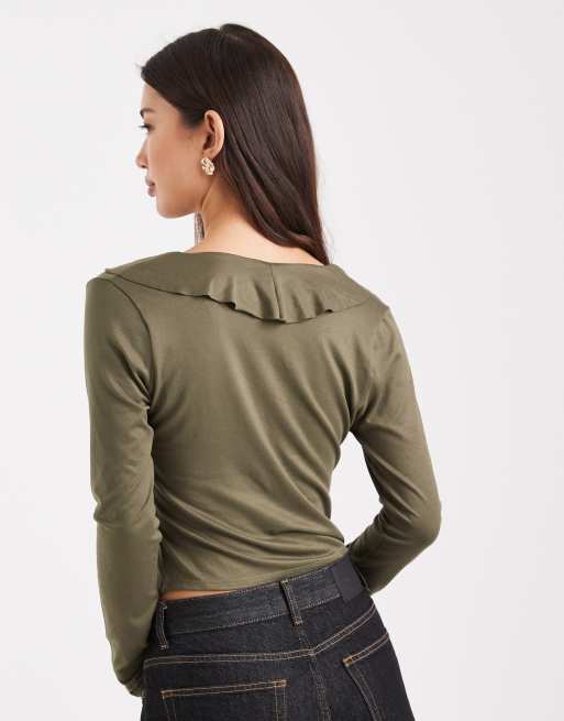 Miss Selfridge - Top met lange mouwen en ruchedetail in kaki, 3 van 4