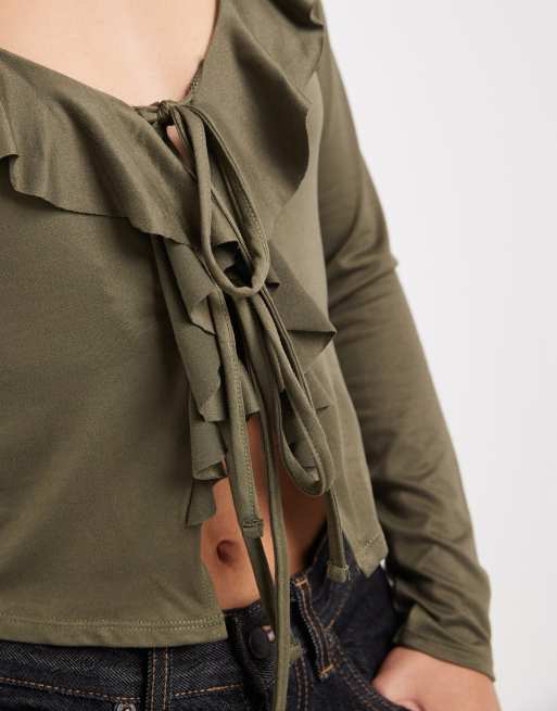 Miss Selfridge - Top met lange mouwen en ruchedetail in kaki, 4 van 4