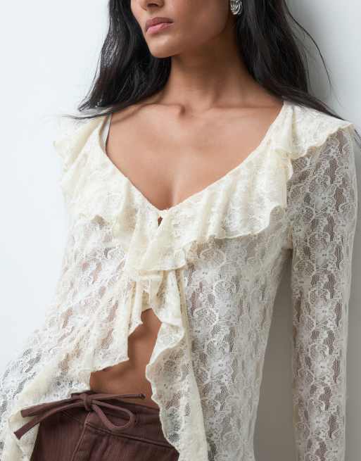 Miss Selfridge top met lange mouwen van kant met ruches in crème, 5 van 5