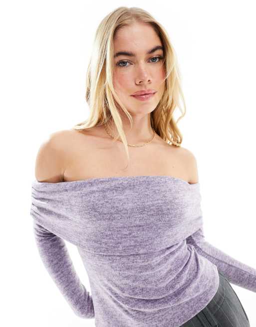 Miss Selfridge - Top met omgevouwen bardothals in lila