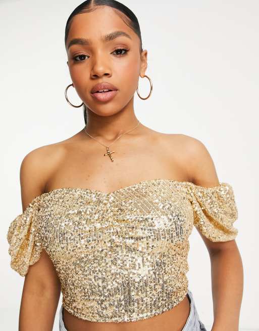 Miss Selfridge - Top met pofmouwen en lovertjes in goud , 3 van 4