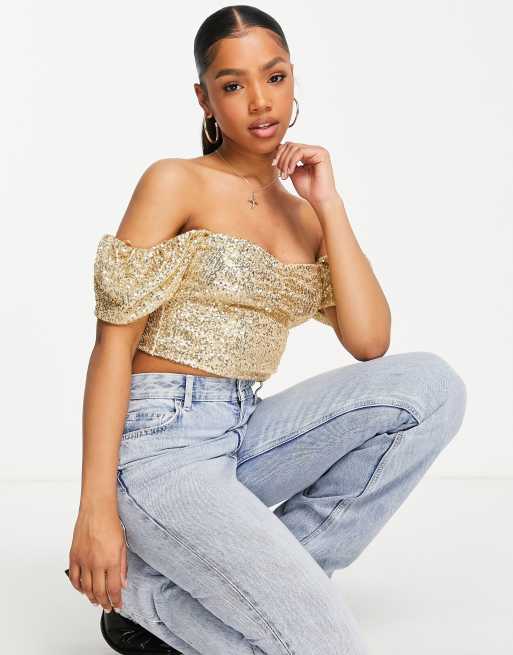 Miss Selfridge - Top met pofmouwen en lovertjes in goud , 4 van 4