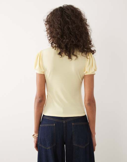 Miss Selfridge - Top met ruches, uitsnijding en mandarijnkraag in lichtgeel , 3 van 4