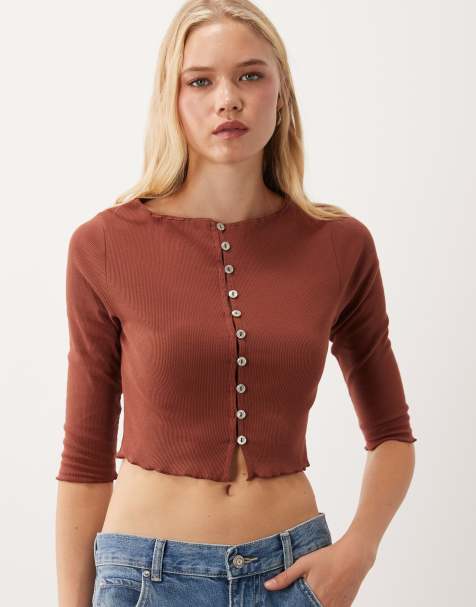 Miss Selfridge top met schuine hals en knoopsluiting met 3/4-mouwen in roestkleur - view 1