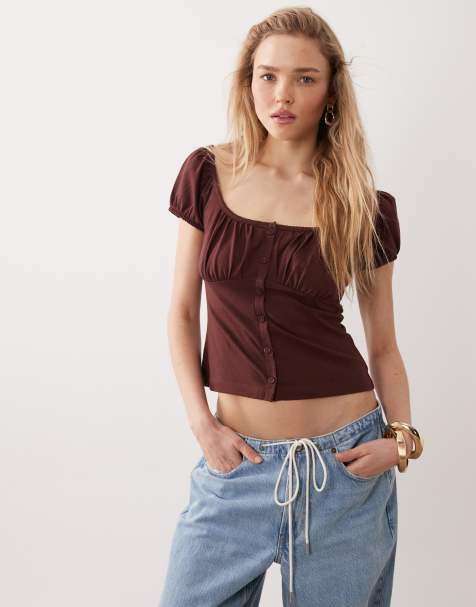 Miss Selfridge - Top milkmaid color cioccolato con bottoni - view 1