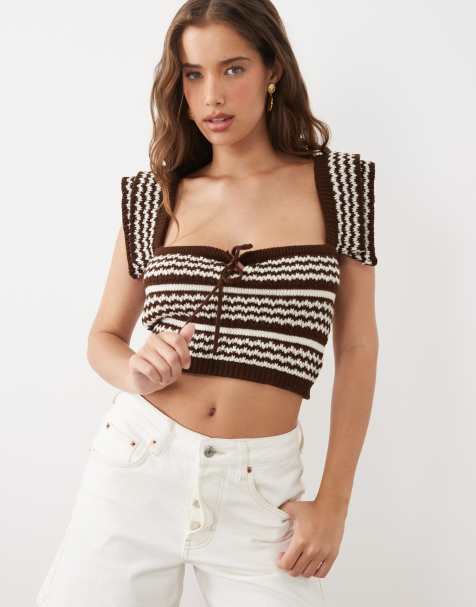 Miss Selfridge - Top milkmaid corto in maglia color crema e marrone a righe - view 1