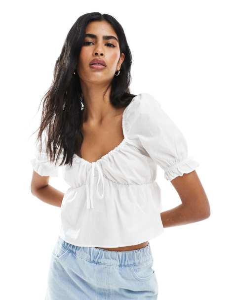 Miss Selfridge - Top milkmaid in popeline bianco a coste - view 1