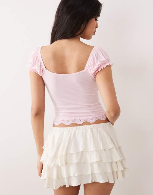 Miss Selfridge - Top milkmaid rosa con fondo in pizzo, 4 di 4