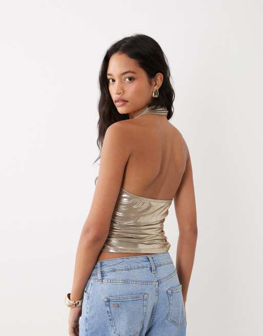 Miss Selfridge Top mit Neckholder und Hochglanz in Gold, 4 von 4