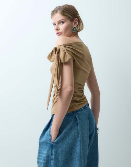 Miss Selfridge top multiway con allacciatura sulle spalle color tan, 5 di 5