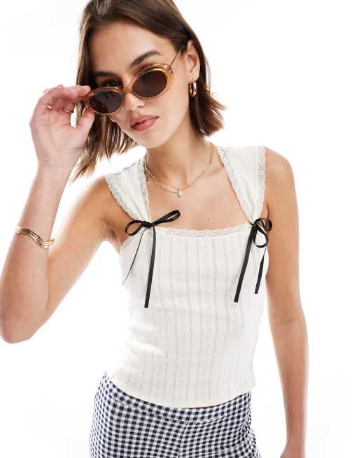 Miss Selfridge – Top na ramiączkach z dzianiny pointelle w kolorze kości słoniowej ze wstążkami