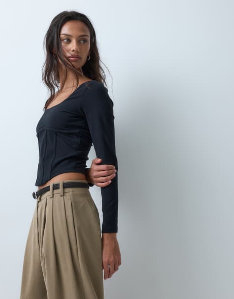 Miss Selfridge - top negro con detalle de corsé y manga larga - view 1