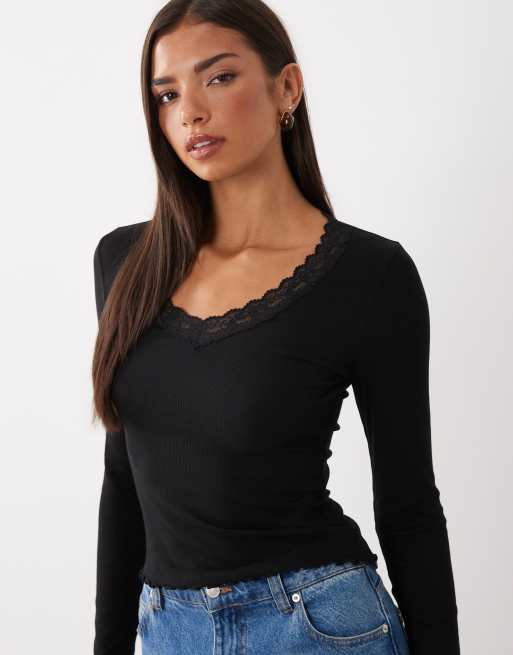 Miss Selfridge - top negro de manga larga con cuello de pico, 3 de 4