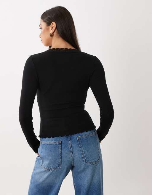 Miss Selfridge - top negro de manga larga con cuello de pico, 4 de 4