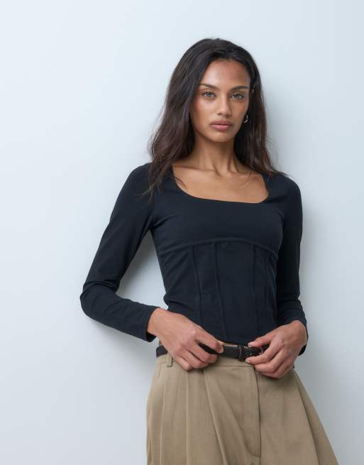 Miss Selfridge top nero con maniche lunghe e dettaglio corsetto, 4 di 5