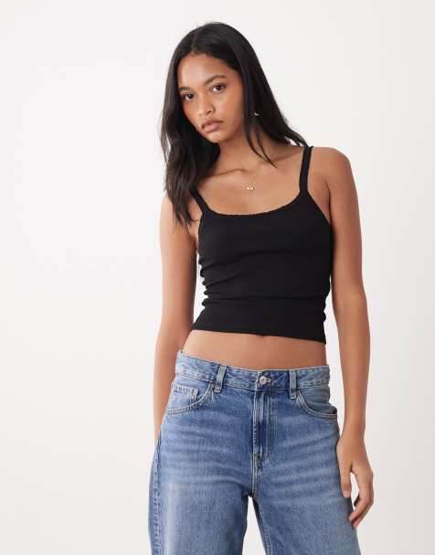 Miss Selfridge - Top nero con volant e spalline sottili - view 1