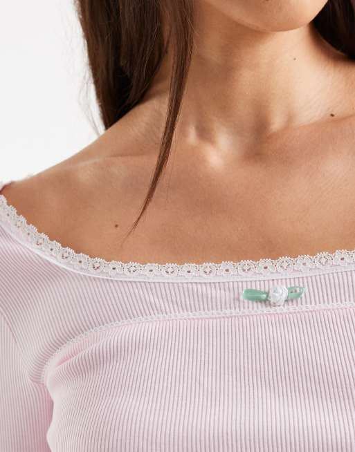 Miss Selfridge - Top nervuré ajusté à encolure carrée et bordure en dentelle - Rose, 4 de 4